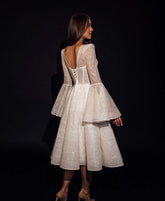 Flare Sleeve Glitter Short Women Dress Sweetheart Midi Bride Dresses A Line Lace-up Bridal Gown Vestidos Definitely Novia All Beige
